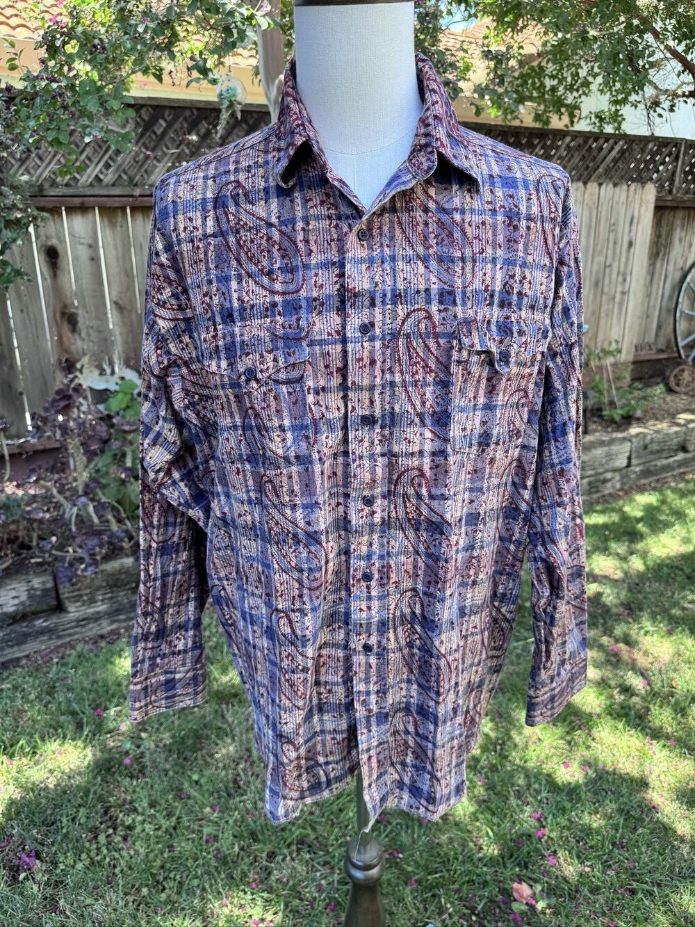 Vtg Golden West by Panhandle Slim LTD Shirt XL Blue Maroon Tan Cotton Paisley